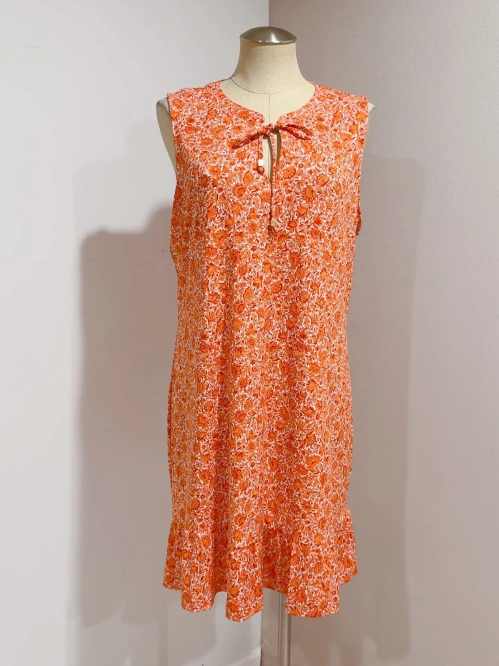 Michael Kors Mandarin Orange Floral Front Tie Ruffle Hem Dress Size XL